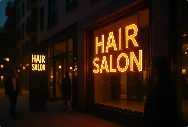 Яркая световая вывеска магазина на фасаде жилого дома в Алматы.