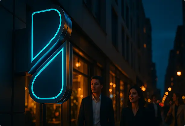 Фигурная световая вывеска на здании в Алматы. Профессиональное изготовление фасадных вывесок.