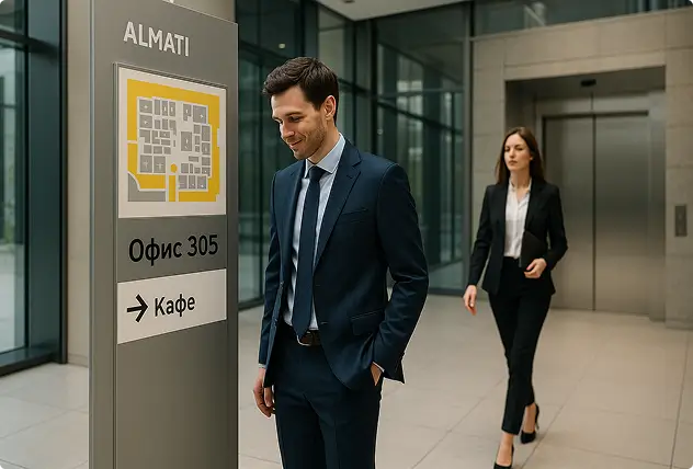 Навигационная стелла с указателями в холле бизнес-центра Алматы