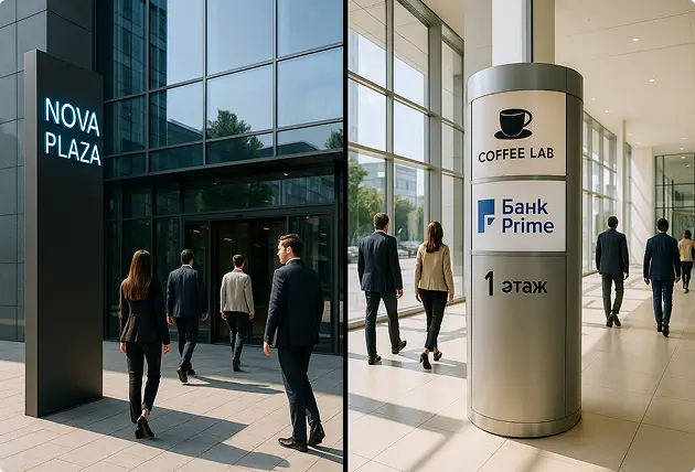 Пилон у входа и рекламная стелла внутри бизнес-центра в Алматы